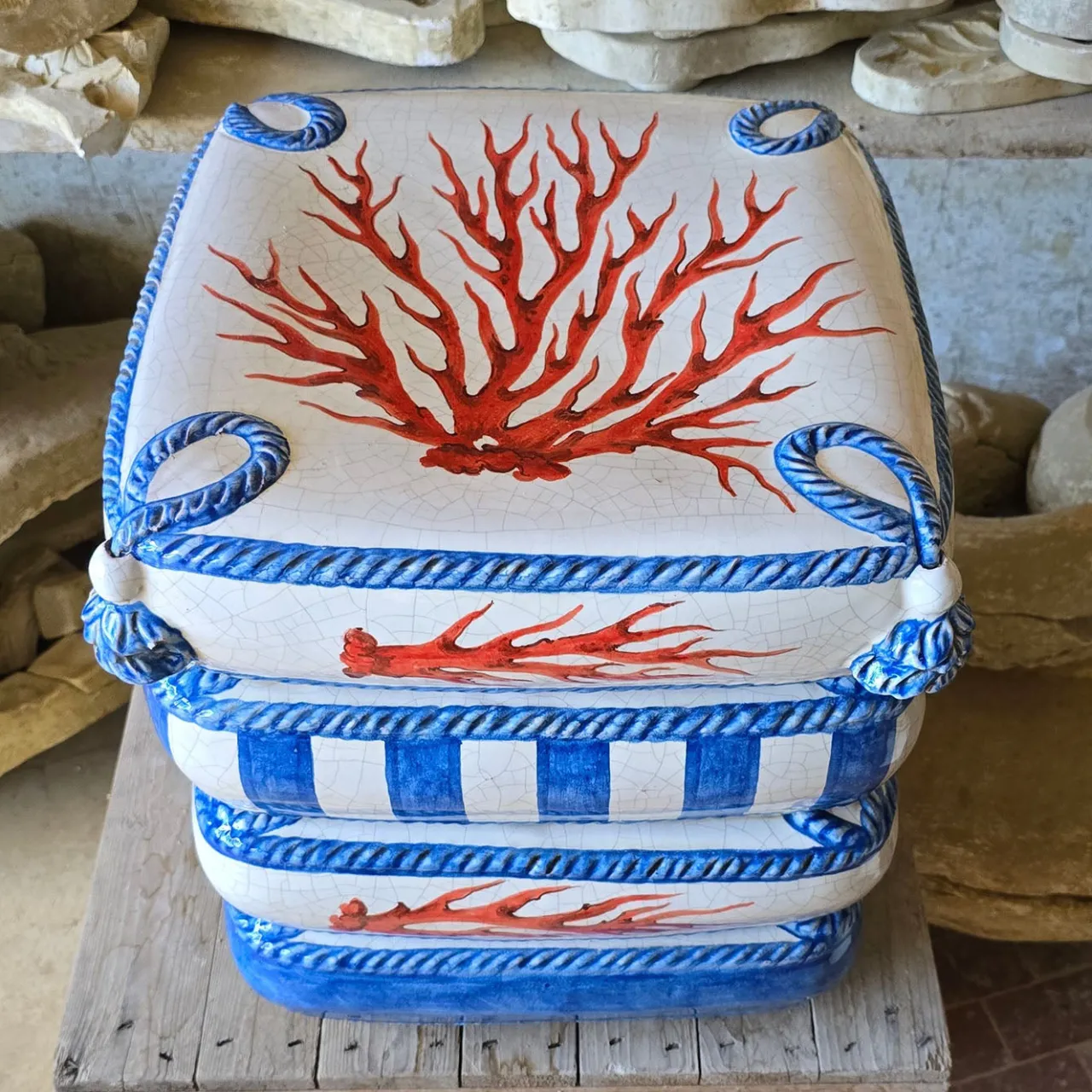 Ceramiche Ceccarelli Stools<4 Cushion Blue With Red Coral Decoration Seat Sculpture