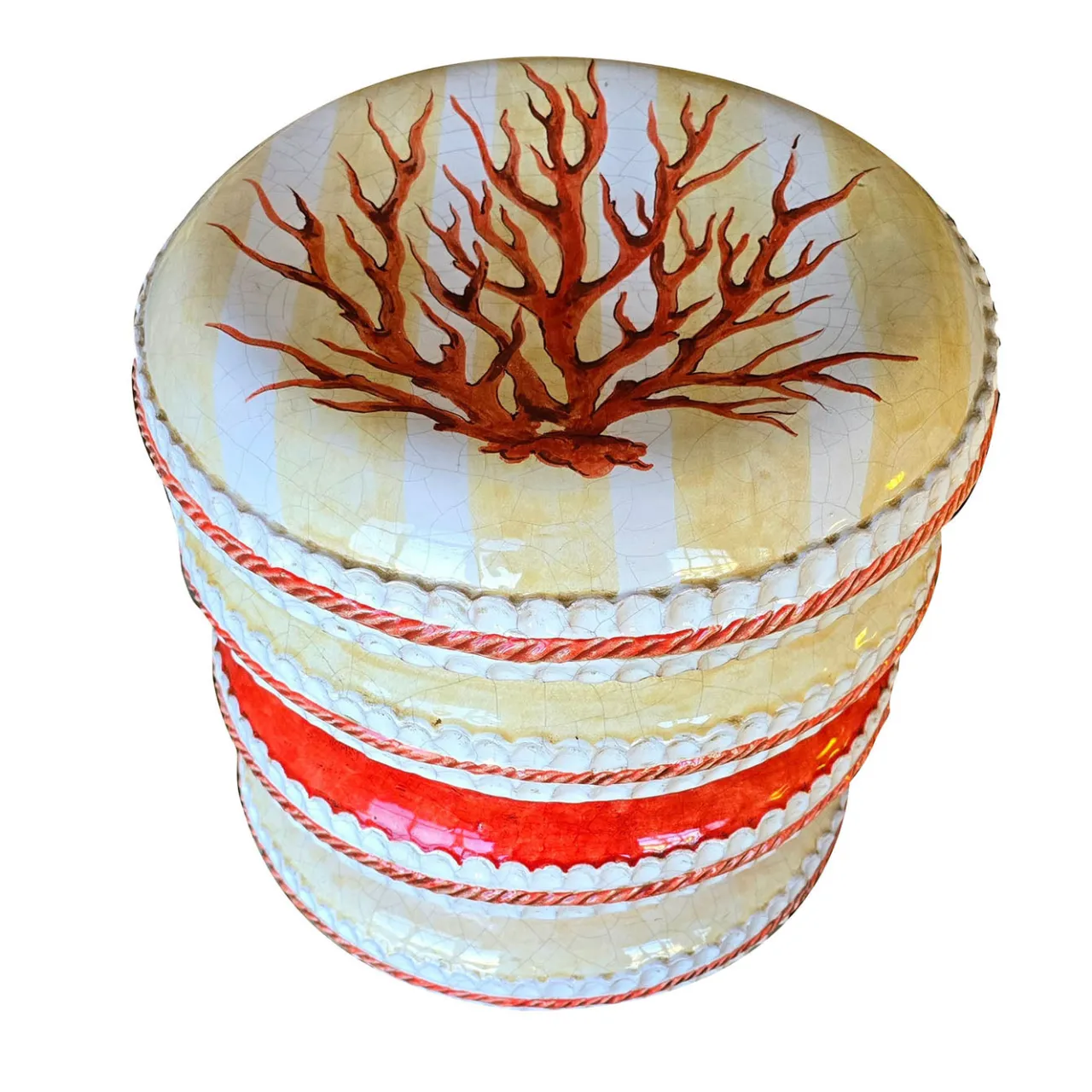 Ceramiche Ceccarelli Stools<4 Cushion Yellow With Red Coral Decoration Seat Sculpture
