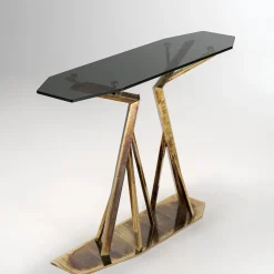 IDL Consoles<Acropora Antique Gold Metal And Bronze Glass Top Console