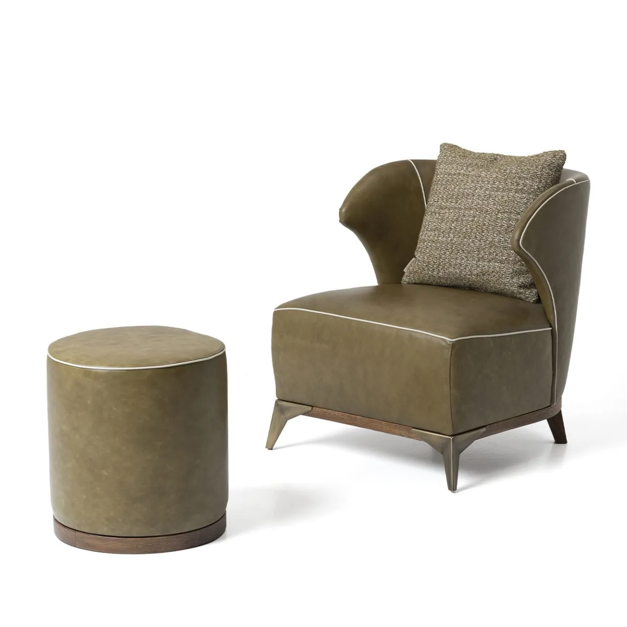 Mantellassi 1926 Ottomans & Poufs<Agostina cylindrical olive green leather pouf