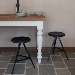 TrabA' Stools<Aky 47 Round Black Ash & Metal Low Stool by Emilio Nanni