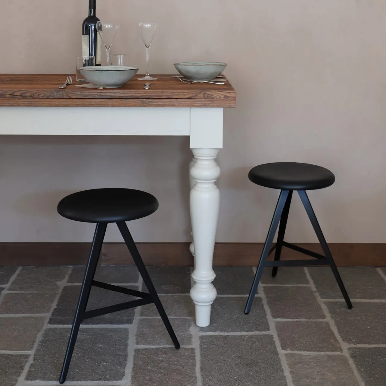 TrabA' Stools<Aky 47 Round Black Ash & Metal Low Stool by Emilio Nanni