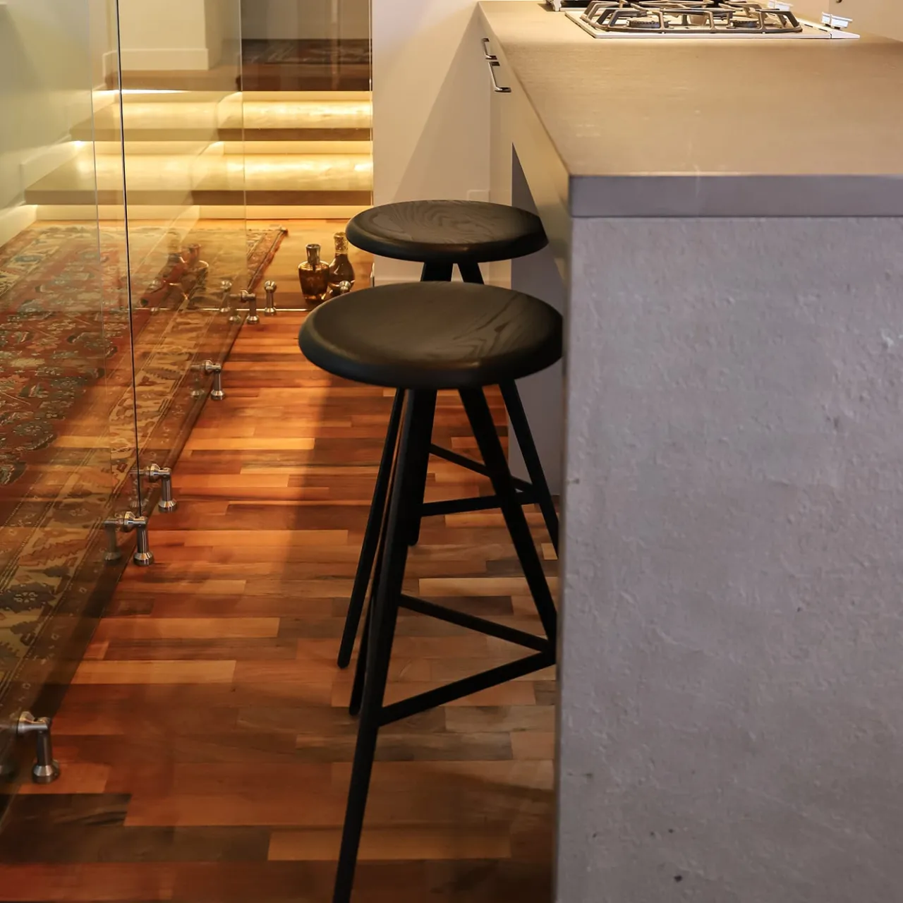 TrabA' Bar Stools<Aky 61 Round Black Ash & Metal Stool by Emilio Nanni