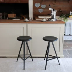 TrabA' Bar Stools<Aky 61 Round Black Ash & Metal Stool by Emilio Nanni