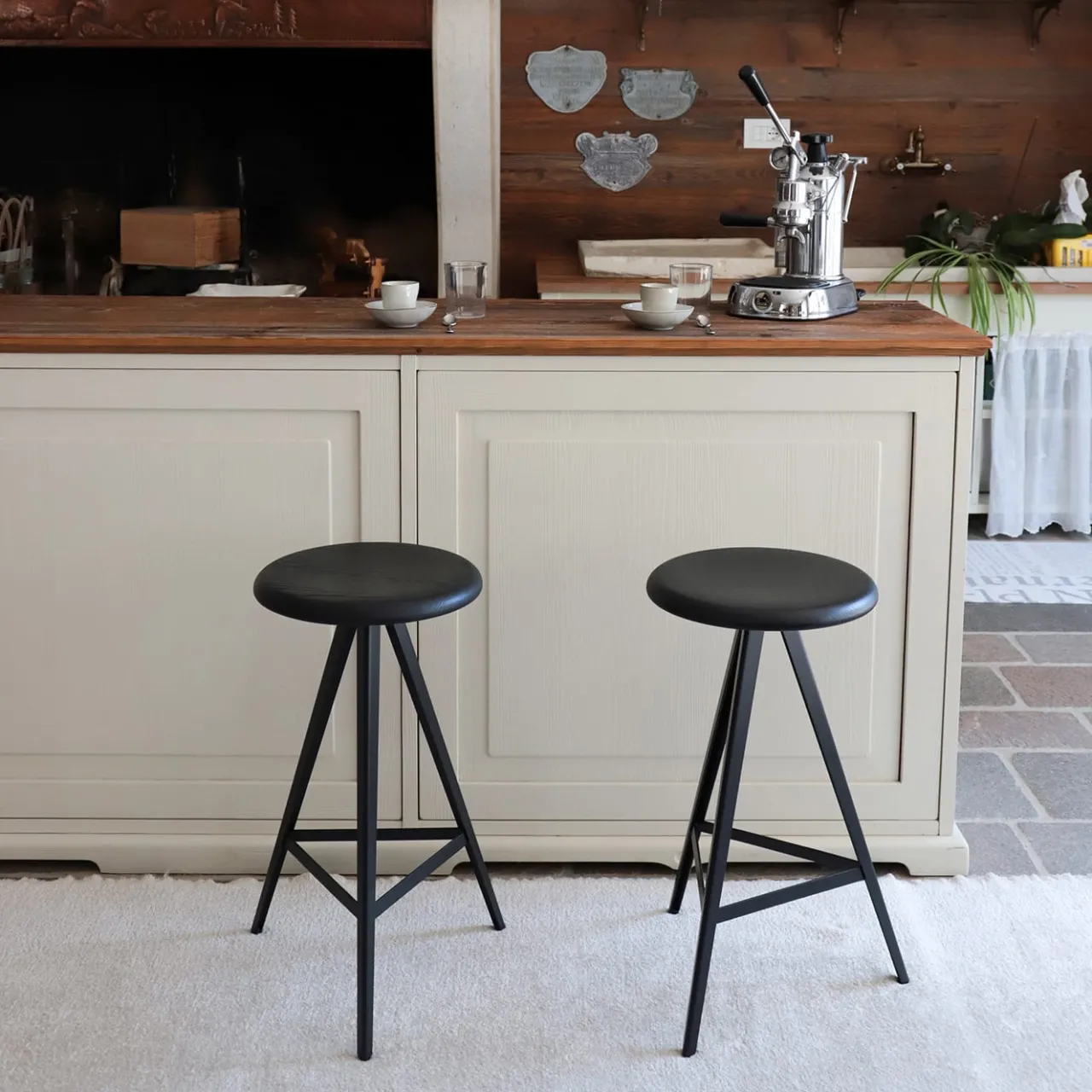TrabA' Bar Stools<Aky 61 Round Black Ash & Metal Stool by Emilio Nanni