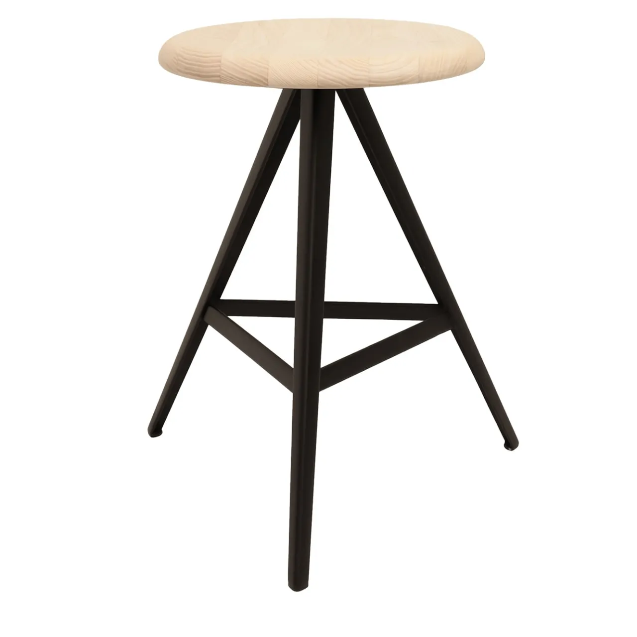 TrabA' Stools<Aky 47 Round Natural Ash & Black Metal Low Stool by Emilio Nanni