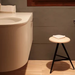 TrabA' Stools<Aky 47 Round Natural Ash & Black Metal Low Stool by Emilio Nanni