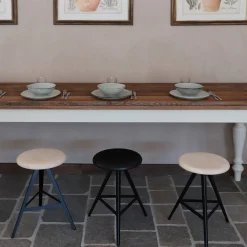 TrabA' Stools<Aky 47 Round Natural Ash & Black Metal Low Stool by Emilio Nanni