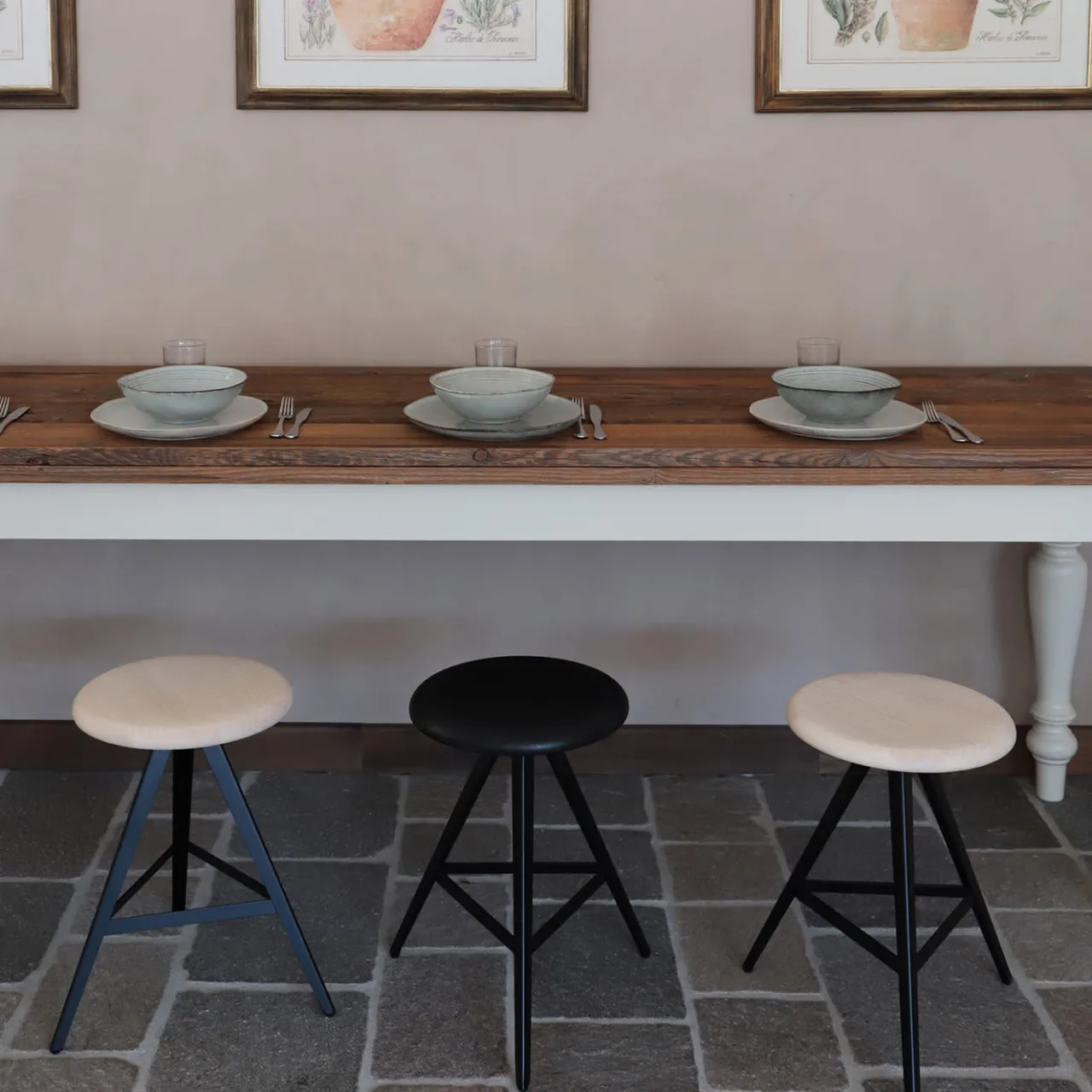TrabA' Stools<Aky 47 Round Natural Ash & Black Metal Low Stool by Emilio Nanni
