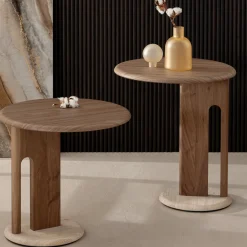 Morica Design Side Tables<Ambrogio Alto Brown Walnut Side Table with Roman Travertine Marble Base