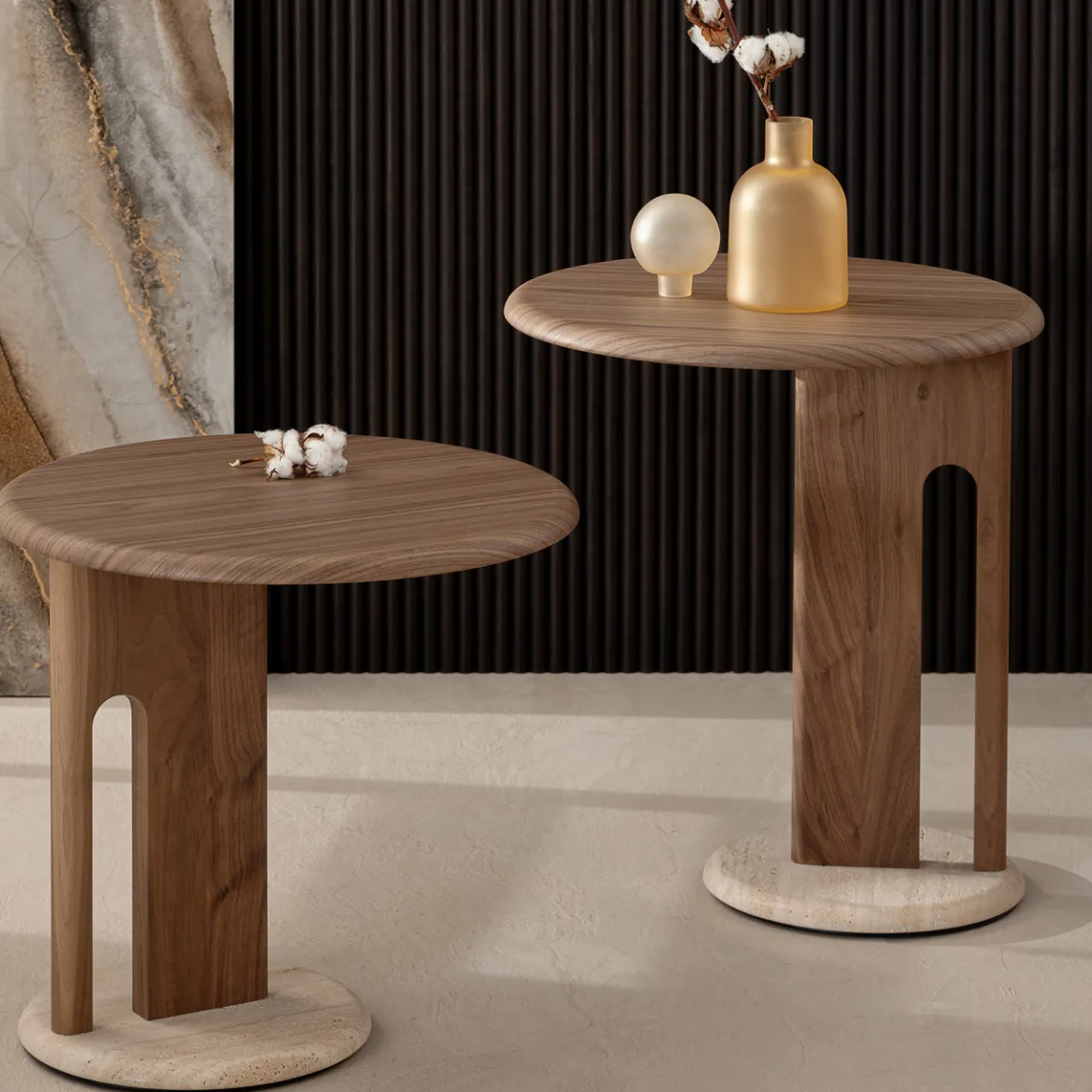 Morica Design Side Tables<Ambrogio Alto Brown Walnut Side Table with Roman Travertine Marble Base