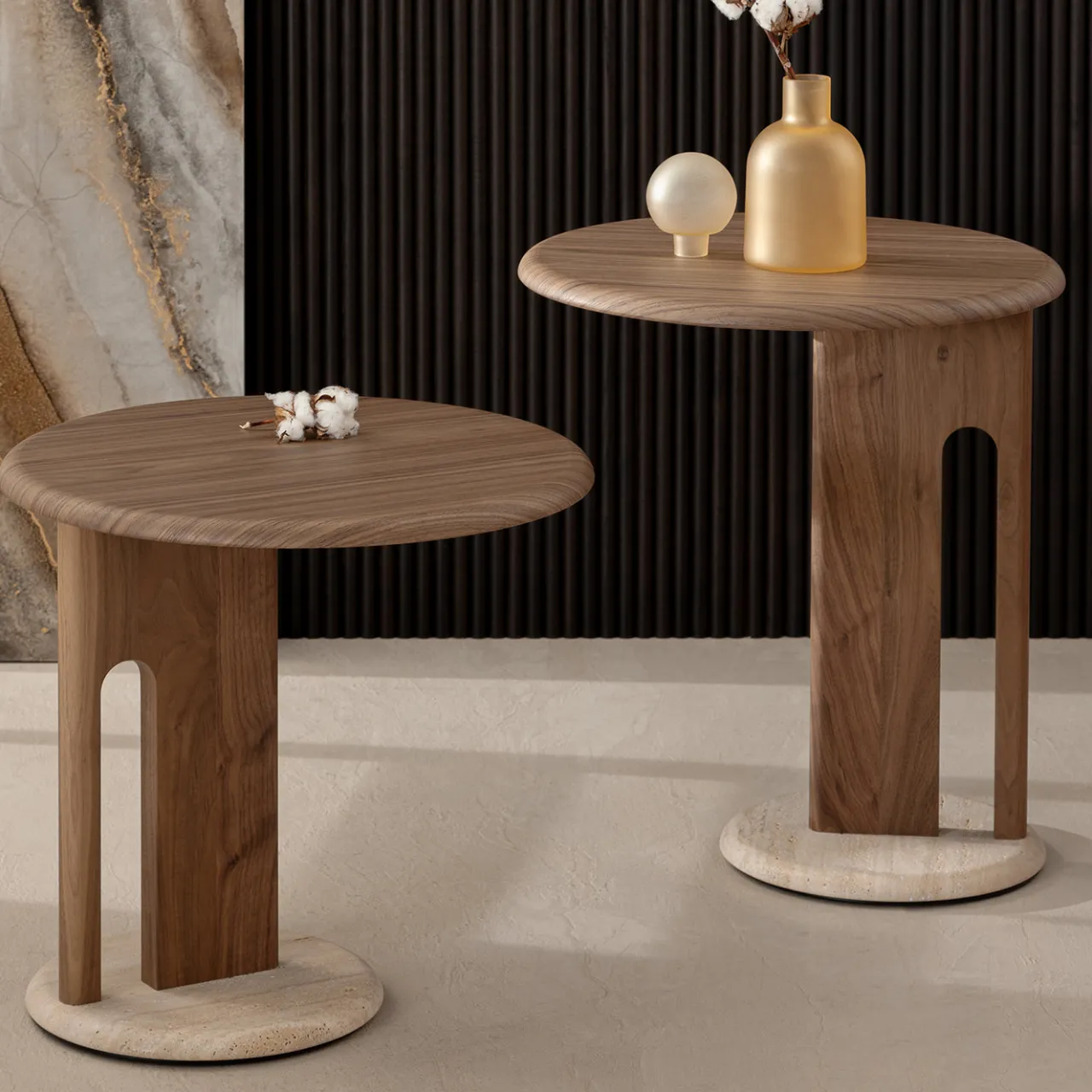 Morica Design Side Tables<Ambrogio Basso Canaletto Walnut Side Table with Travertine Marble Base