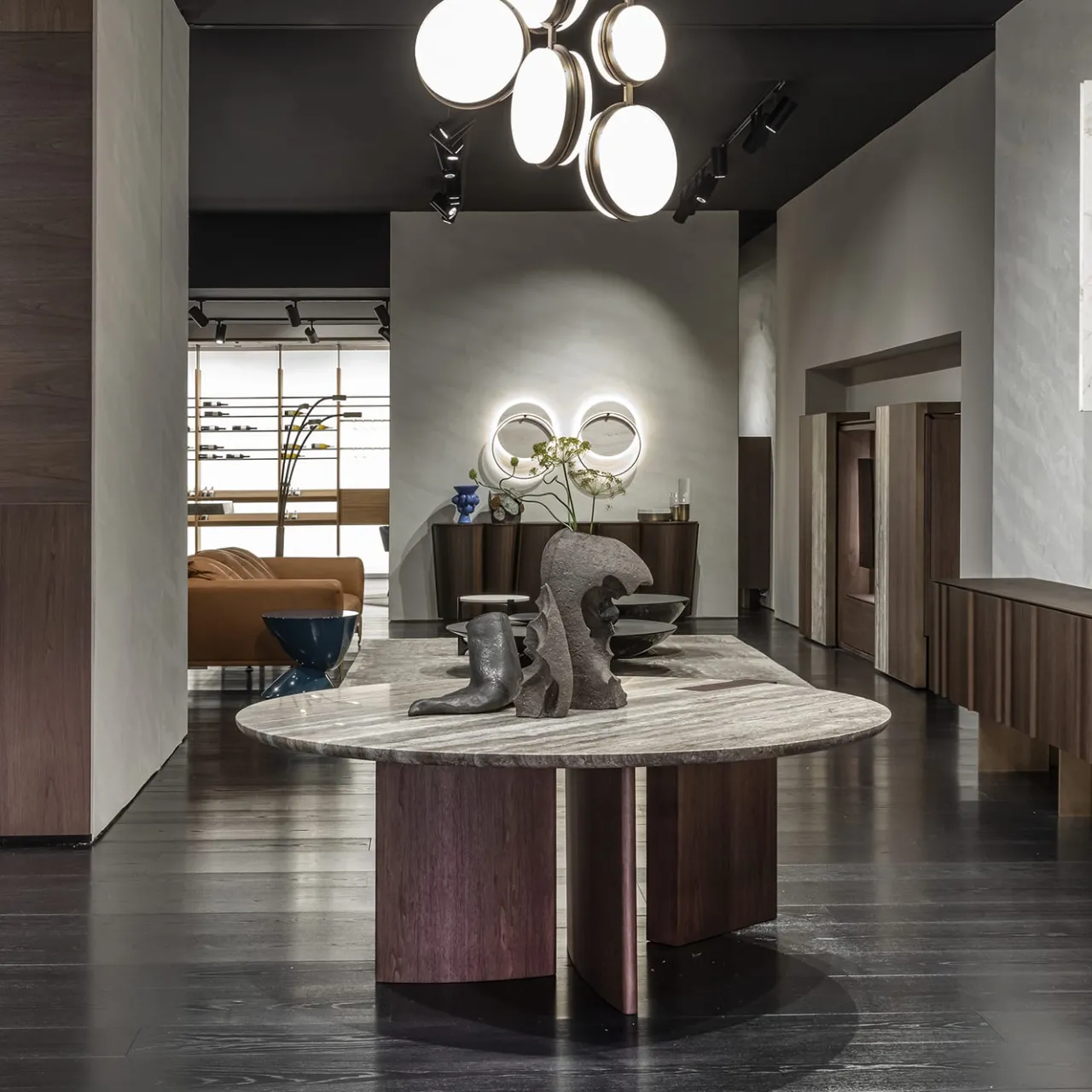 Emmemobili Dining Tables<Antinomia T round marble and brown veneered base dining table