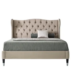 LCI_DECORA Beds<Beige Upholstered Bed with Beech Wood and Metal Legs