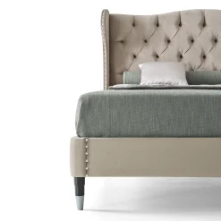 LCI_DECORA Beds<Beige Upholstered Bed with Beech Wood and Metal Legs
