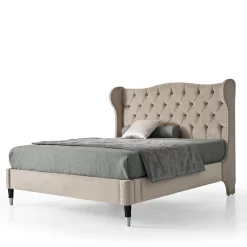 LCI_DECORA Beds<Beige Upholstered Bed with Beech Wood and Metal Legs