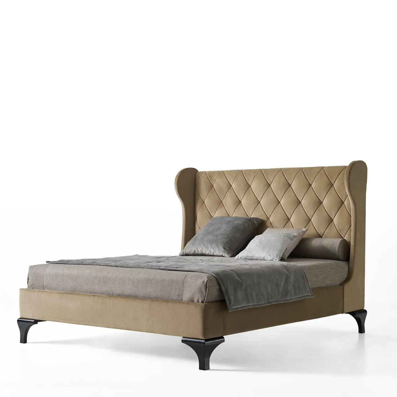 LCI_DECORA Beds<Beige Upholstered Bed with Beech Wood Legs
