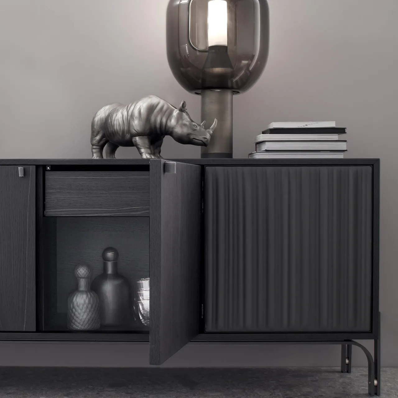 Morica Design Sideboards Buffets<Canette 2-Door Anthracite-Gray Nubuck Leather & Oak Sideboard