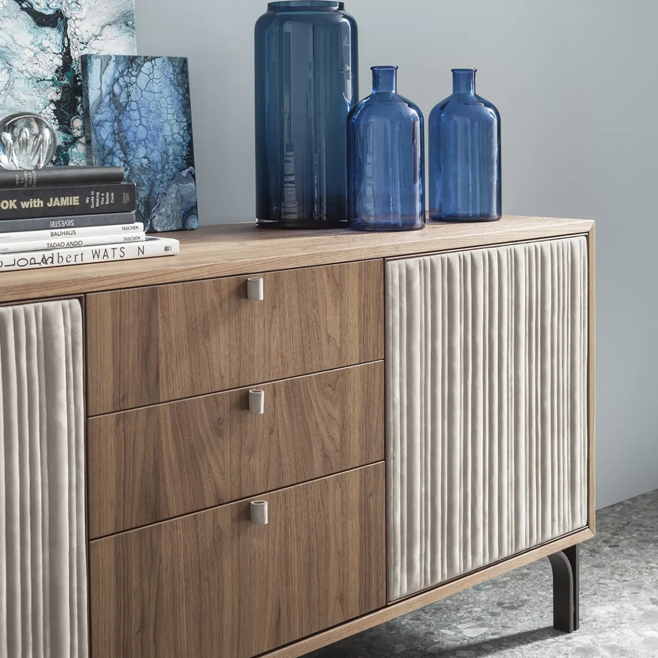 Morica Design Sideboards Buffets<Canette 2-Door Beige Nubuck Leather & Walnut Sideboard
