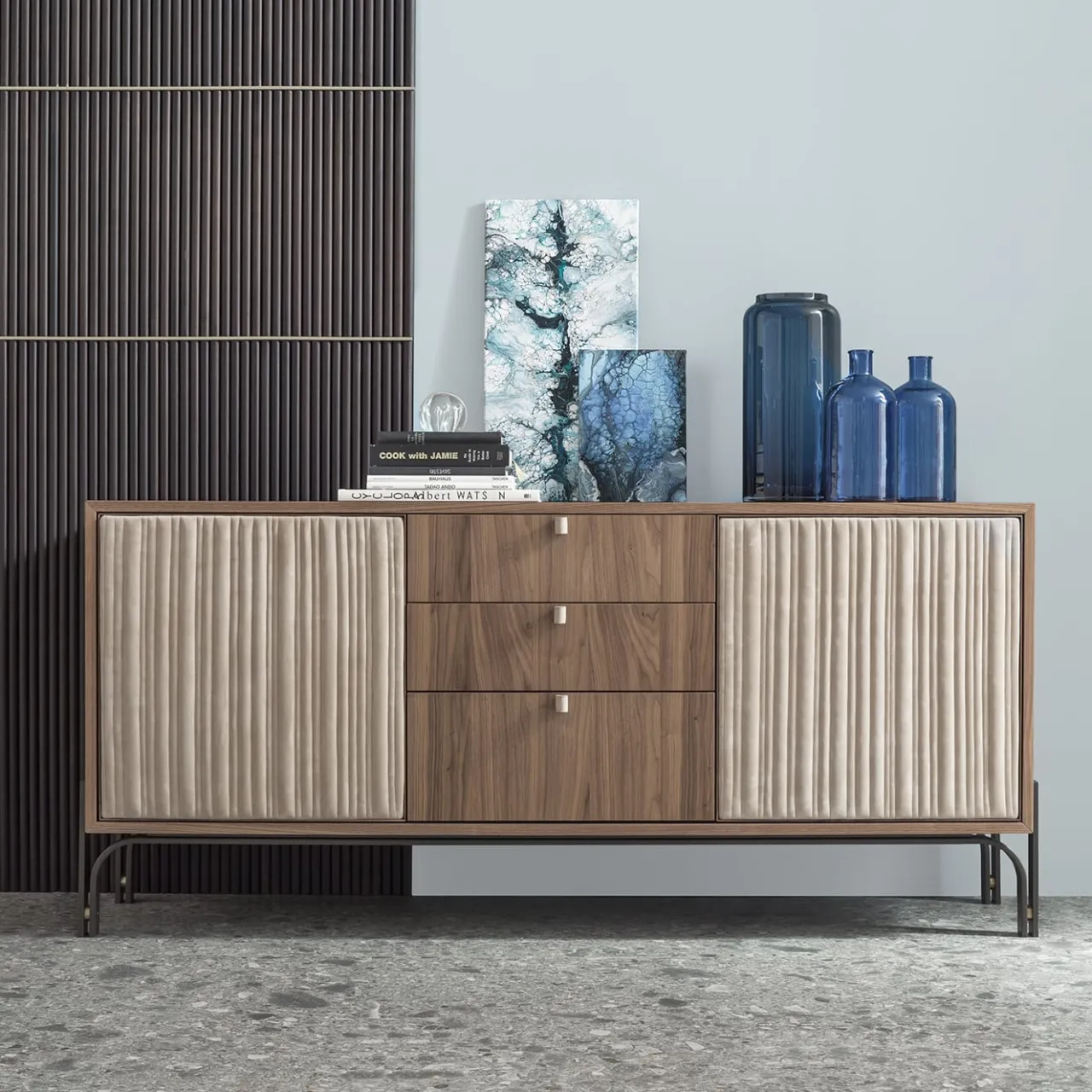 Morica Design Sideboards Buffets<Canette 2-Door Beige Nubuck Leather & Walnut Sideboard
