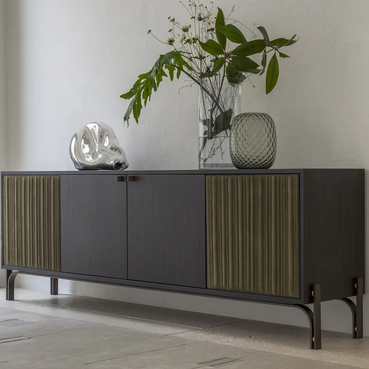 Morica Design Sideboards Buffets<Canette 2-Door Sage-Green Nubuck Leather & Oak Sideboard