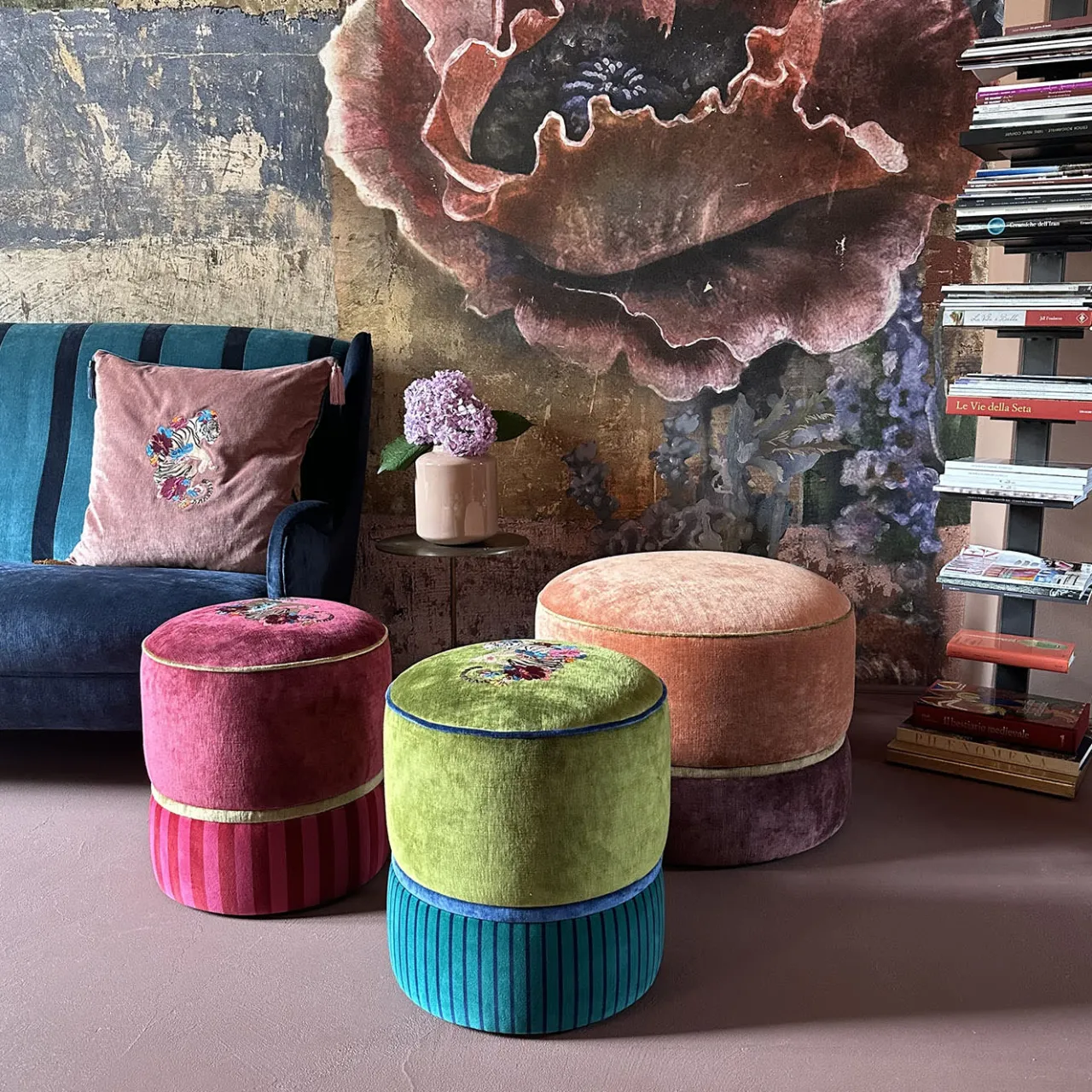 Carlotta Oddone Ottomans & Poufs<Circus Embroidered Strawberry-Pink & Bronze Pouf