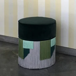 Lorenza Bozzoli Couture Ottomans & Poufs<Couture Dark Green Pouf with Geometric Fringe