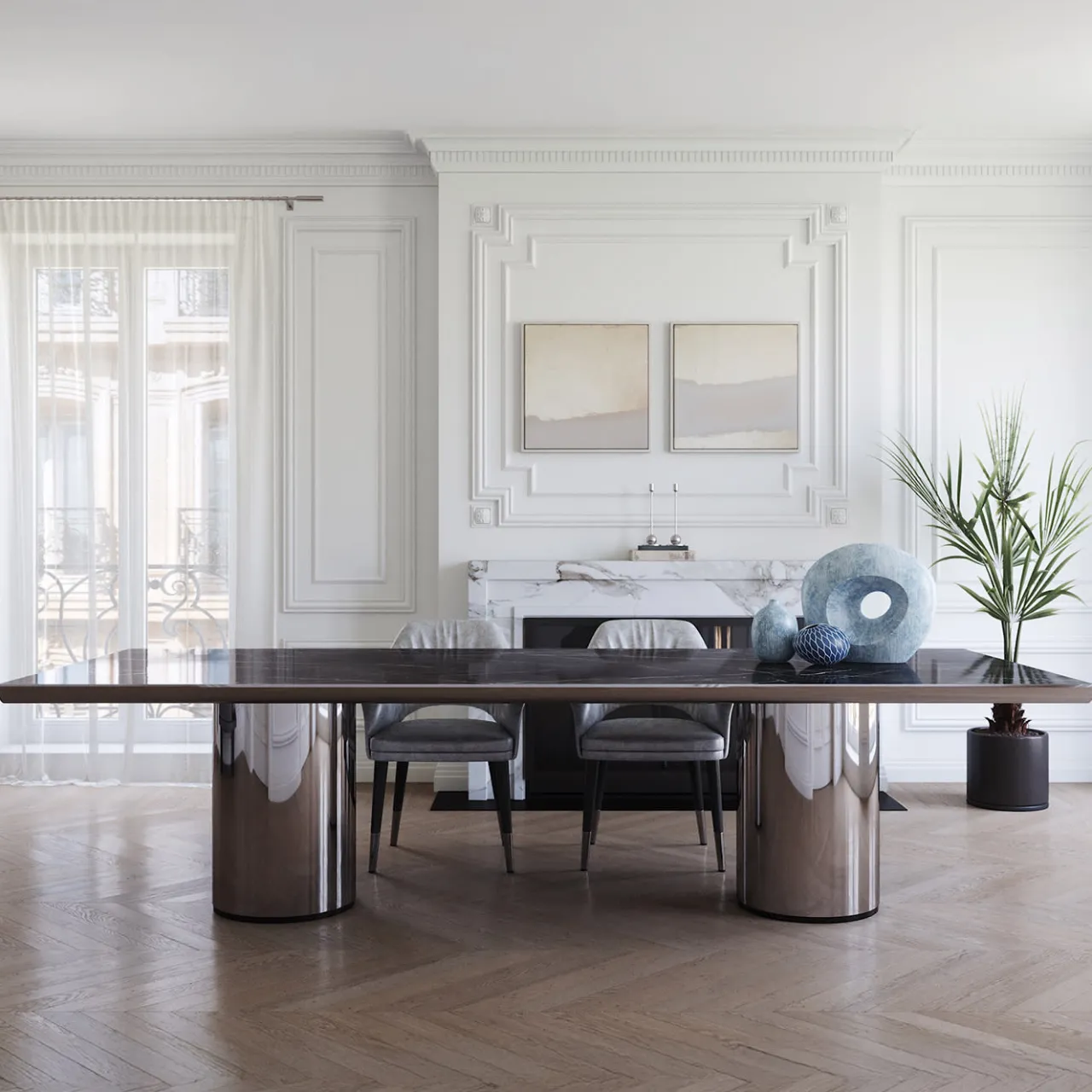Ultramobili Dining Tables<Crono Steel and Noir Desir Marble Dining Table