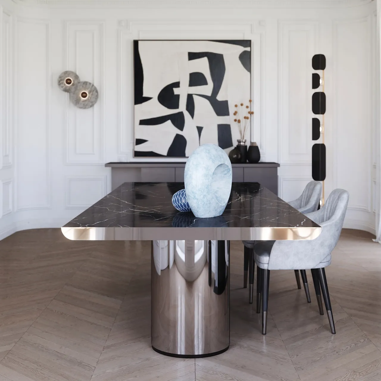 Ultramobili Dining Tables<Crono Steel and Noir Desir Marble Dining Table