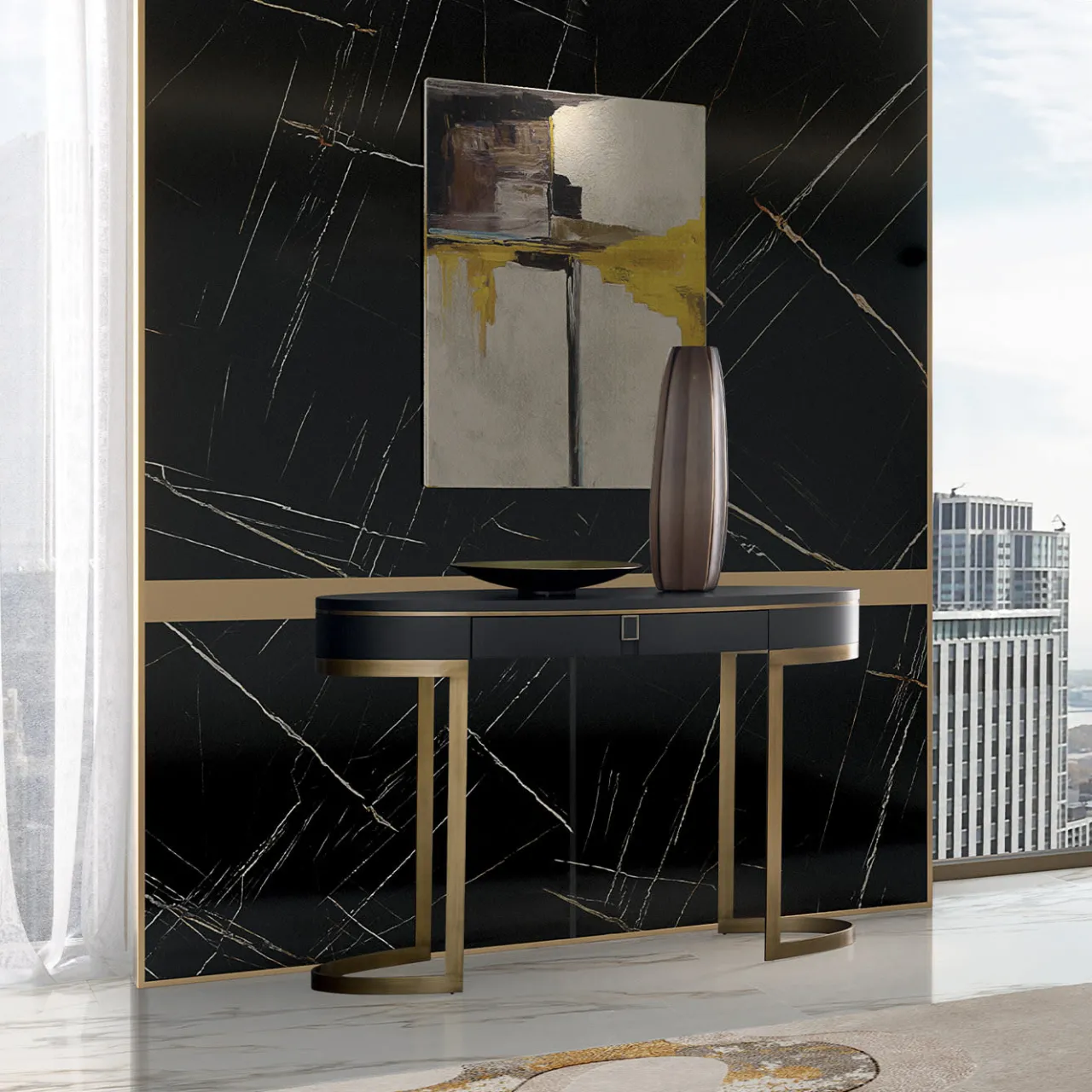 Franco Bianchini Consoles<Diamond Console in Slate Wood and Bronzed Metal