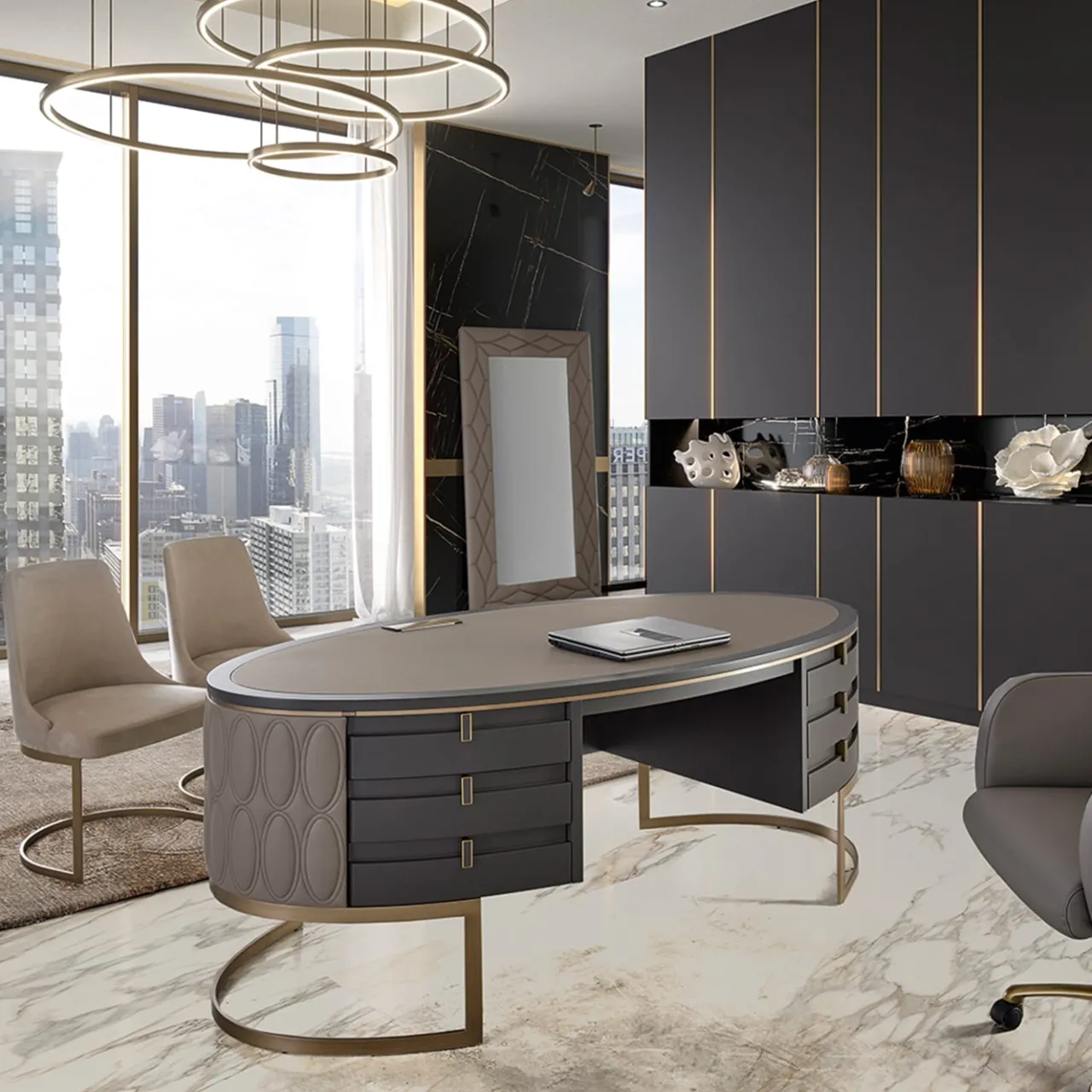 Franco Bianchini Desk & Writing Tables<Diamond Desk with Quilted Leather and Bronzed Metal Base