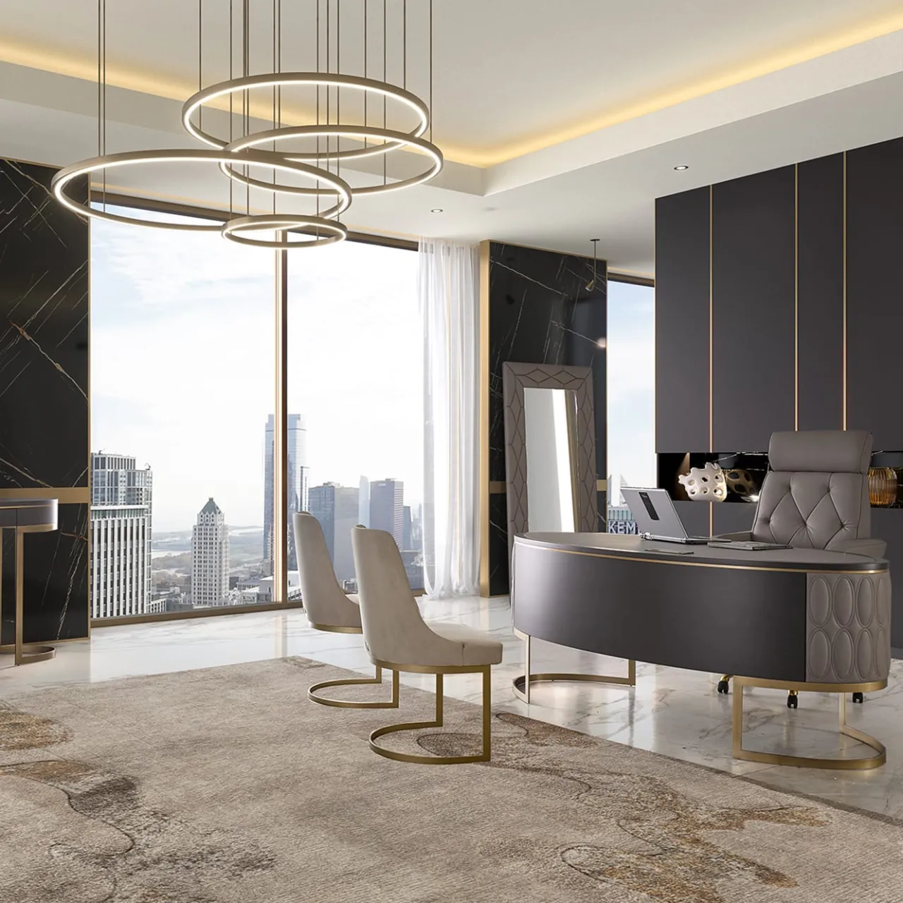 Franco Bianchini Desk & Writing Tables<Diamond Desk with Quilted Leather and Bronzed Metal Base