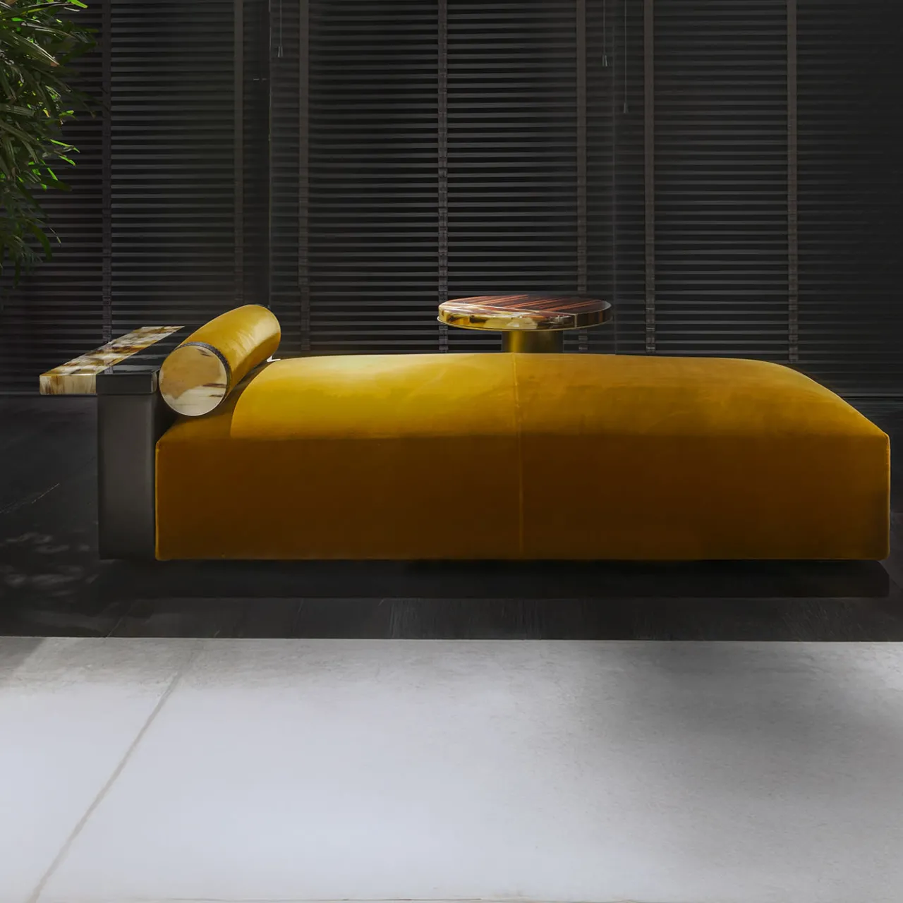 Arcahorn Chaises<Egon Yellow Velvet With Leather And Horn Details Chaise Lounge
