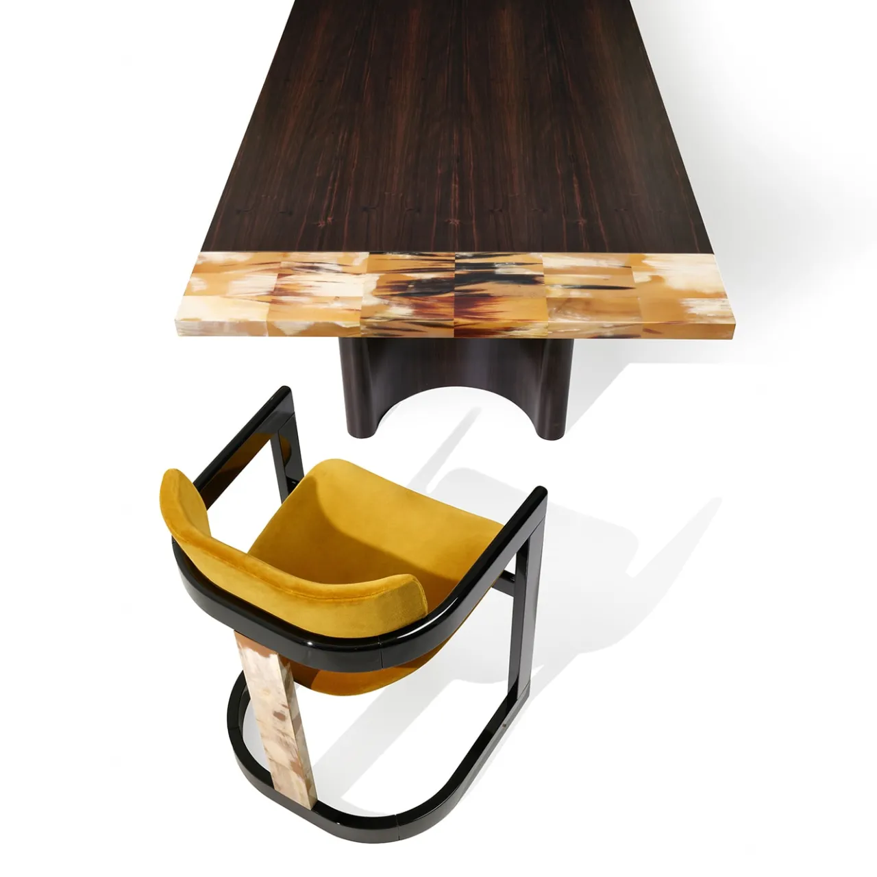 Arcahorn Chairs<Essa Yellow Velvet And Glossy Black Wood With Horn Inlays Chair