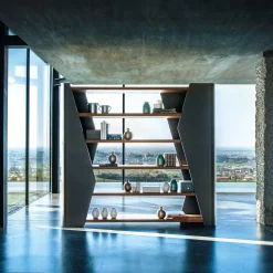 Riva 1920 Bookcases<Finesse walnut wood and olmpia leather Bookcase by Karim Rashid