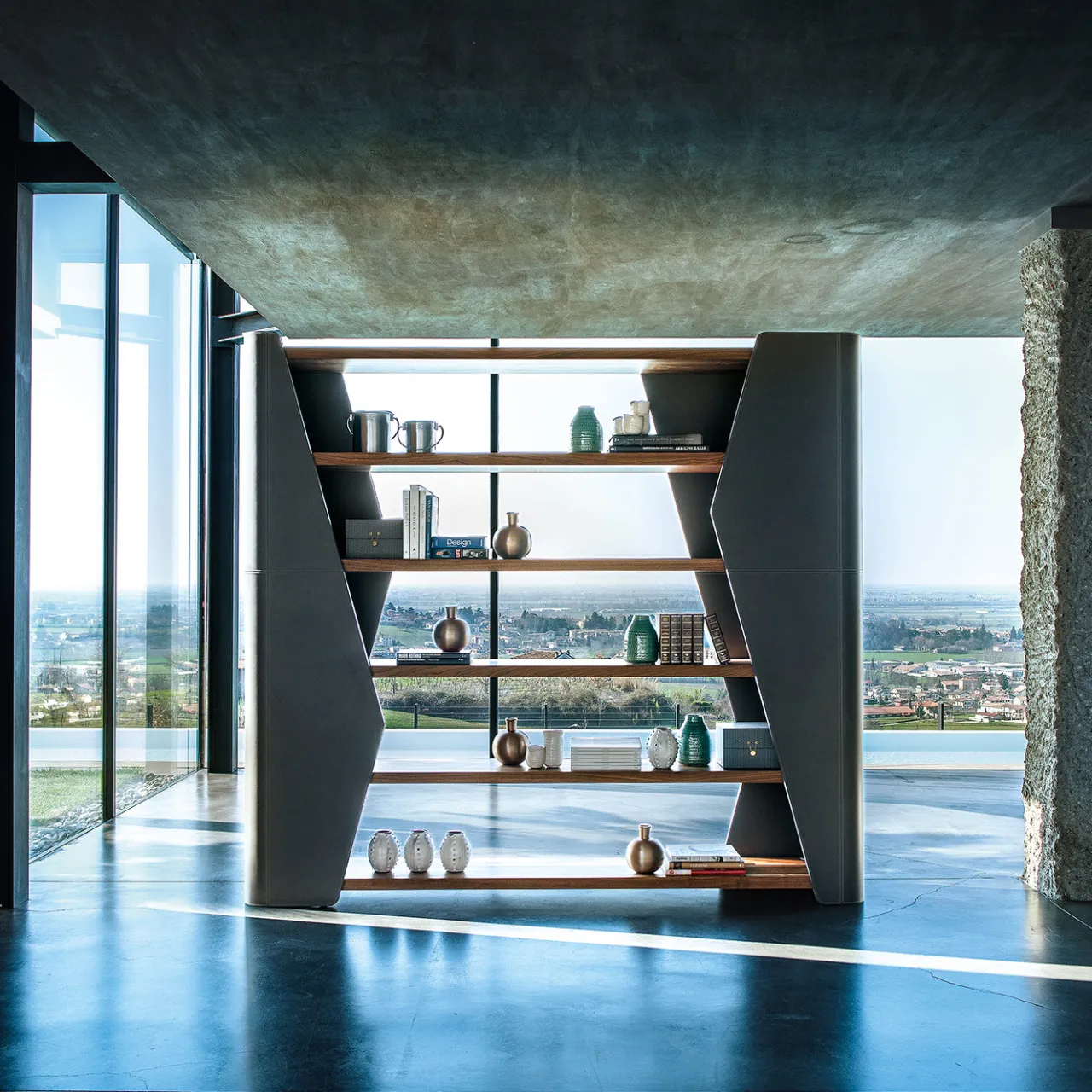 Riva 1920 Bookcases<Finesse walnut wood and olmpia leather Bookcase by Karim Rashid