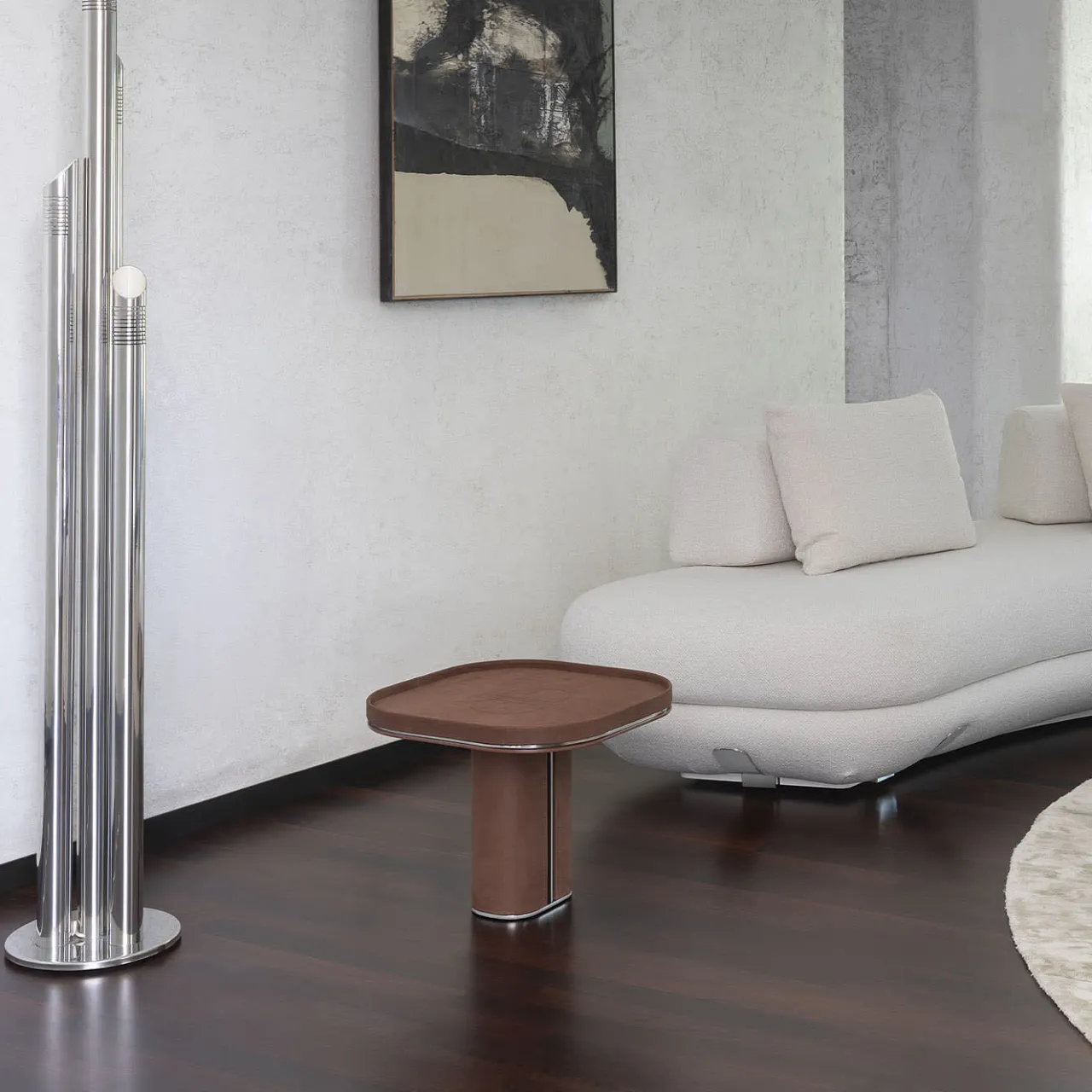 Daytona Side Tables<Fritz Glossy Steel & Brown Leather Side Table by Pulina Exclusive Interiors