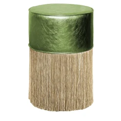 Lorenza Bozzoli Couture Ottomans & Poufs<Gleaming Green Leather Gold Fringes Pouf by Lorenza Bozzoli
