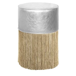 Lorenza Bozzoli Couture Ottomans & Poufs<Gleaming Silver Leather Gold Fringes Pouf by Lorenza Bozzoli