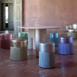 Lorenza Bozzoli Couture Ottomans & Poufs<Gleaming Silver Metallic Leather Pouf by Lorenza Bozzoli