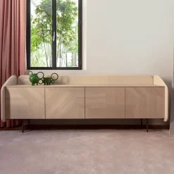 Morica Design Sideboards Buffets<Glossy Cipria INTARSIO Sideboard with Hand-Inlaid Natural Oak Shell