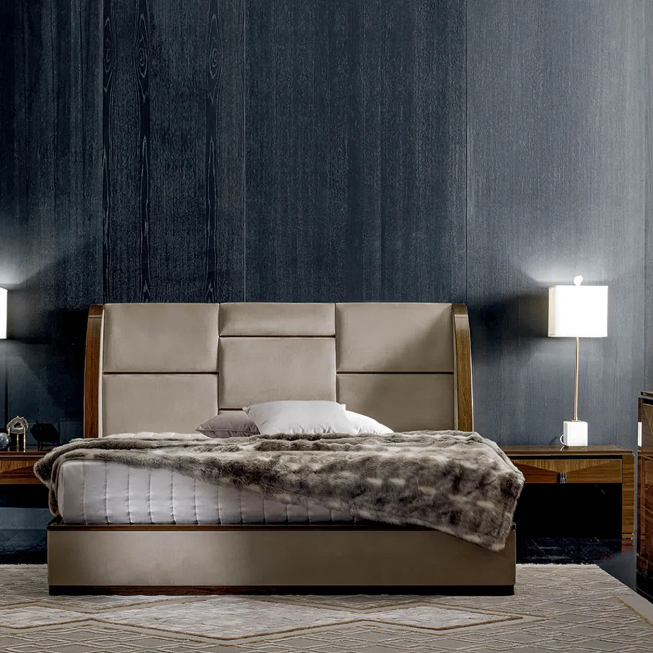 Franco Bianchini Beds<Grace Beige Fabric & Canaletto Walnut Double Bed