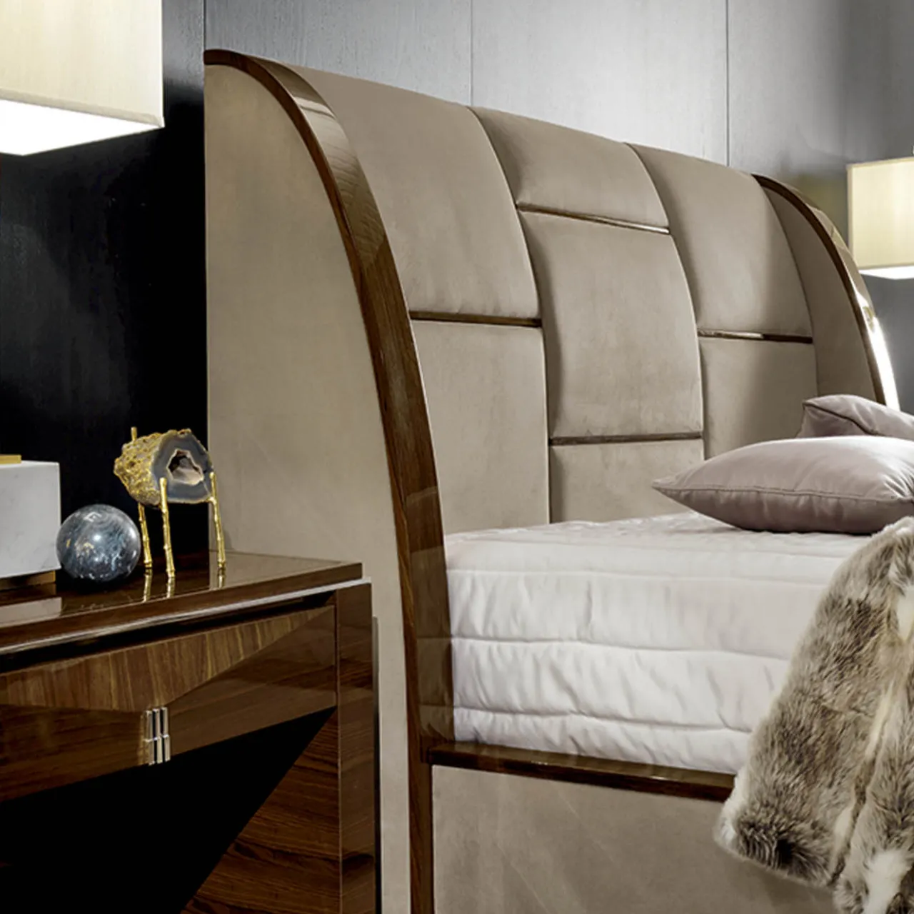 Franco Bianchini Beds<Grace Beige Fabric & Canaletto Walnut Double Bed