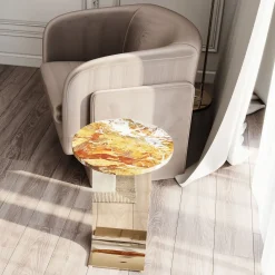 L'Eccesso Side Tables<Hani Orange Marble With Gold Finish Metal Structure Side Table