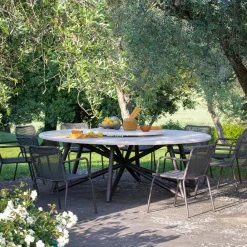 Veltha Outdoor Stone Design Outdoor Dining Tables<Hermu 230 round beige travertine stone and brown steel outdoor dining table