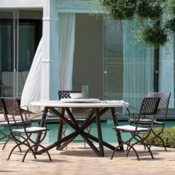 Veltha Outdoor Stone Design Outdoor Dining Tables<Hermu 150 Travertino Stone and Brown Steel Outdoor Dining Table