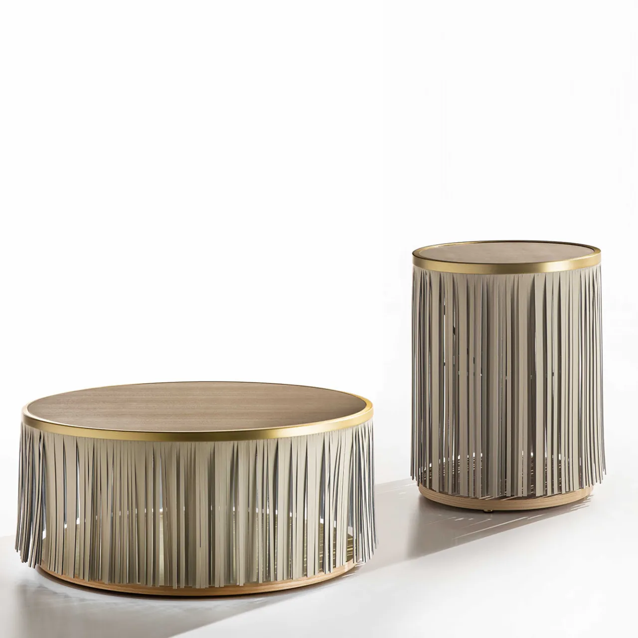 Enrico Pellizzoni Side Tables<Indian Ash Side Table with Gray Leather Fringe