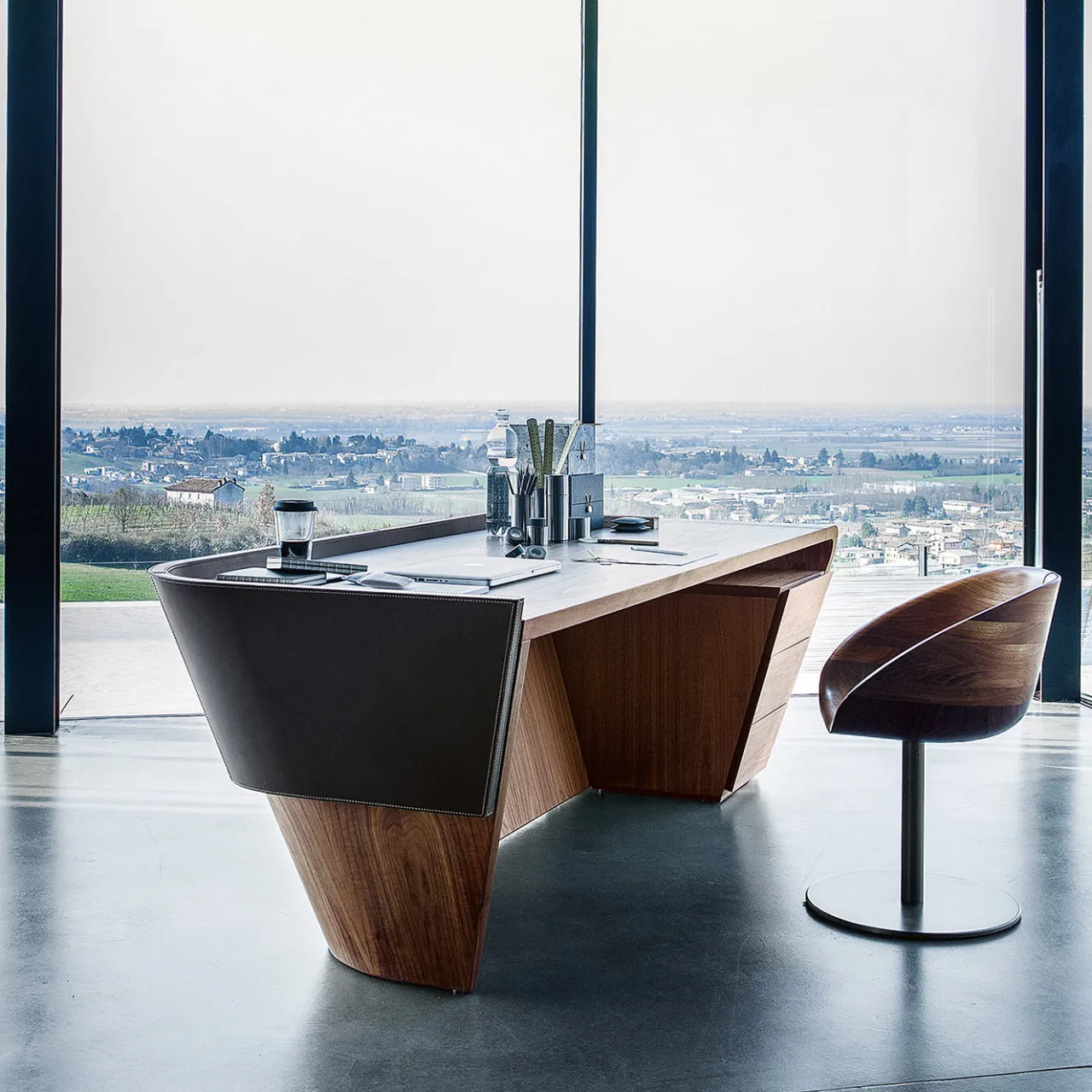 Riva 1920 Desk & Writing Tables<Klip solid Walnut wood and Olimpia Leather Desk by Karim Rashid