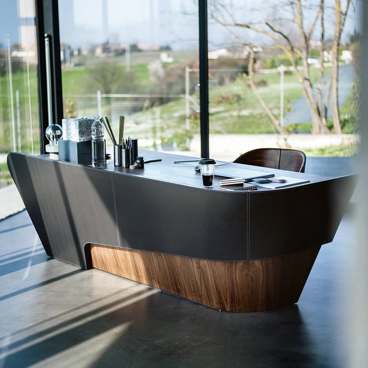 Riva 1920 Desk & Writing Tables<Klip solid Walnut wood and Olimpia Leather Desk by Karim Rashid
