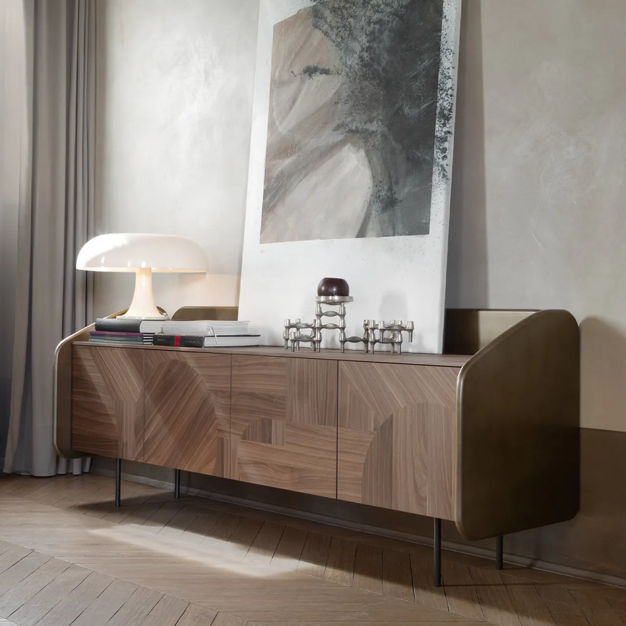 Morica Design Sideboards Buffets<Lacquered oxidized bronze INTARSIO Sideboard with Hand-Inlaid Canaletto Walnut Shell